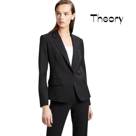 Theory Black Smooth Wool Academia Office Neutral Blazer Jacket NWOT Size 0 - Picture 1 of 14
